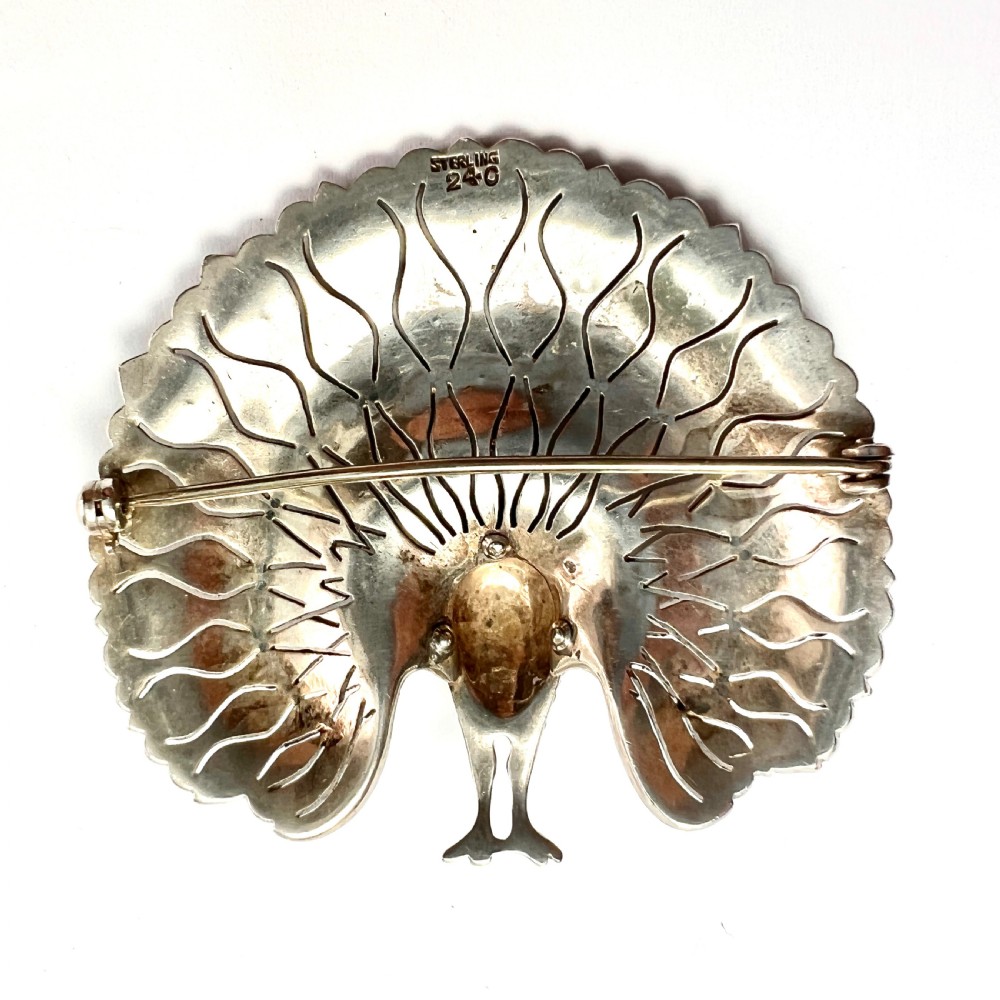 Huge Vintage Art Deco Paste Enamel Peacock Brooch in Sterling Silver View IX