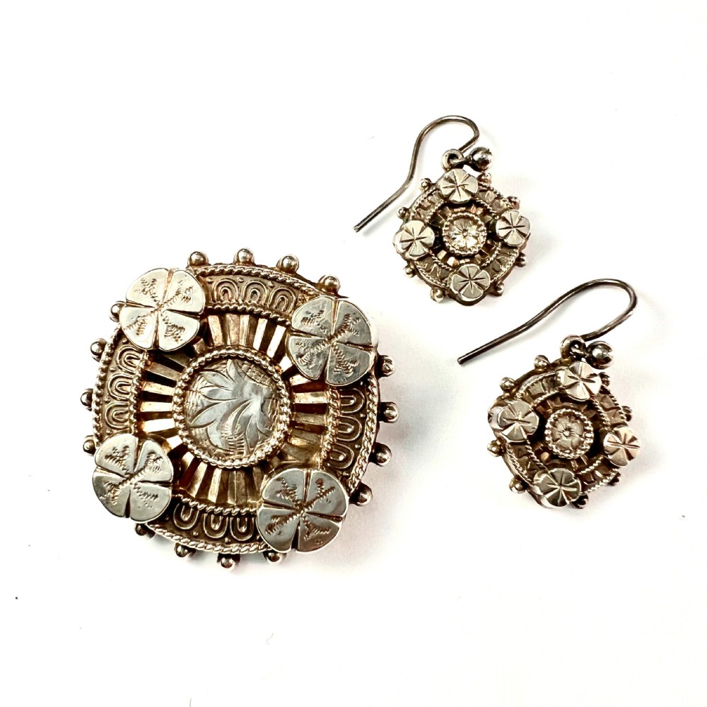 Victorian 1880 Aesthetic Era Silver Earrings and Brooch
