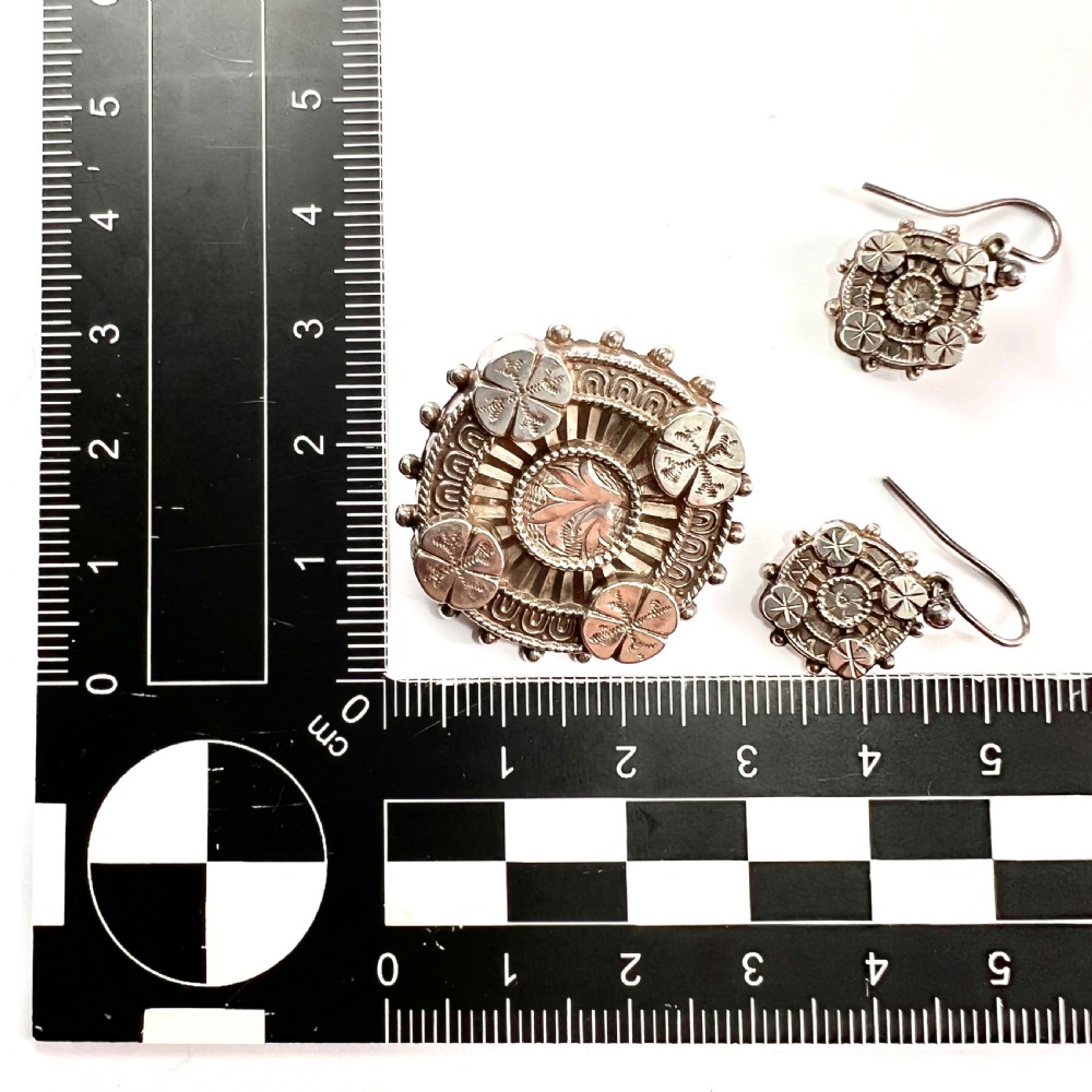 Victorian 1880 Aesthetic Era Silver Earrings and Brooch View V