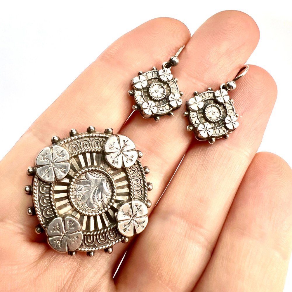 Victorian 1880 Aesthetic Era Silver Earrings and Brooch View VI