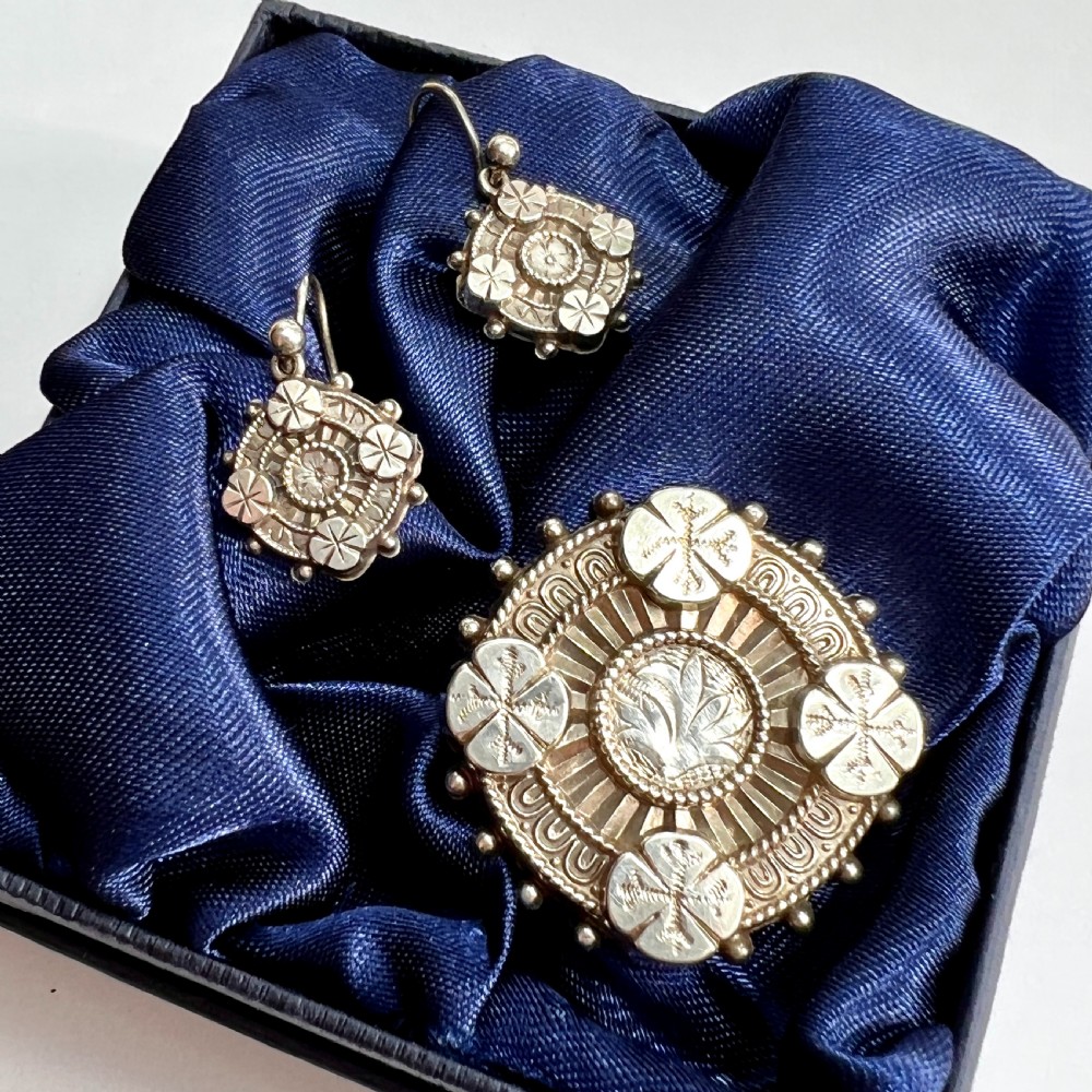 Victorian 1880 Aesthetic Era Silver Earrings and Brooch View VII