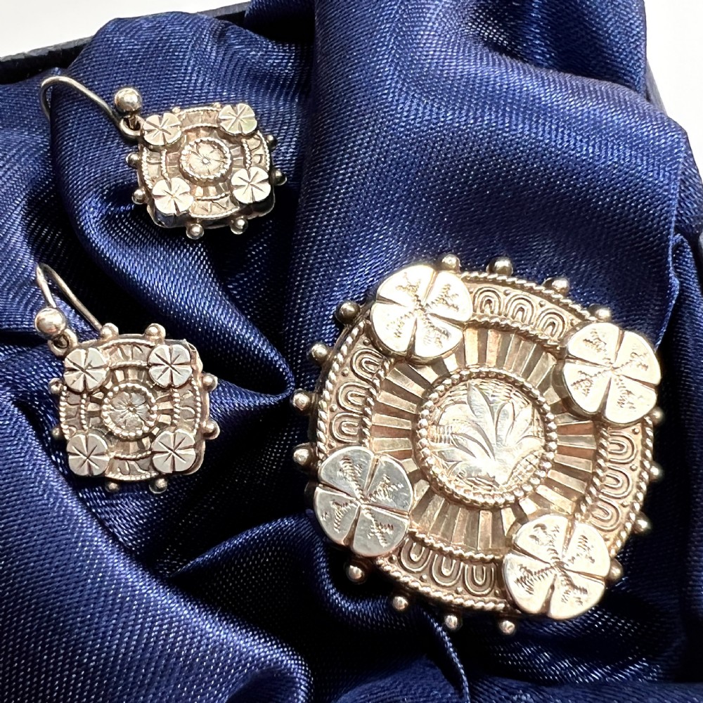 Victorian 1880 Aesthetic Era Silver Earrings and Brooch View VIII