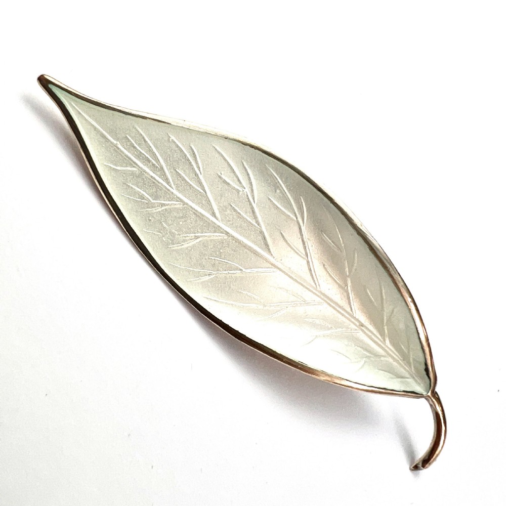 Vintage David Andersen White Enamel Sterling Silver Leaf Brooch