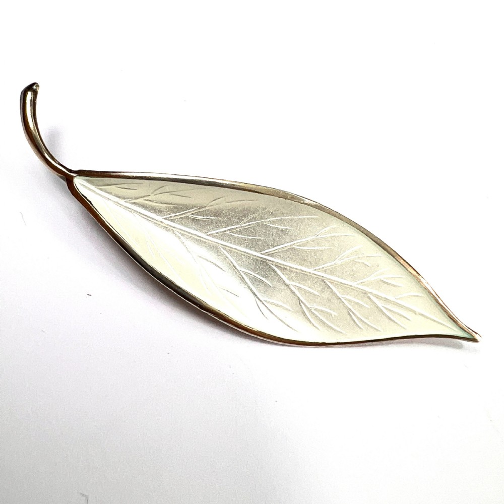 Vintage David Andersen White Enamel Sterling Silver Leaf Brooch View II