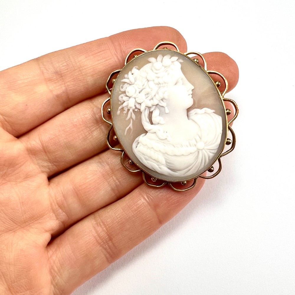 Fine Victorian Carved Shell Portrait of a Lady Cameo Brooch View VIII