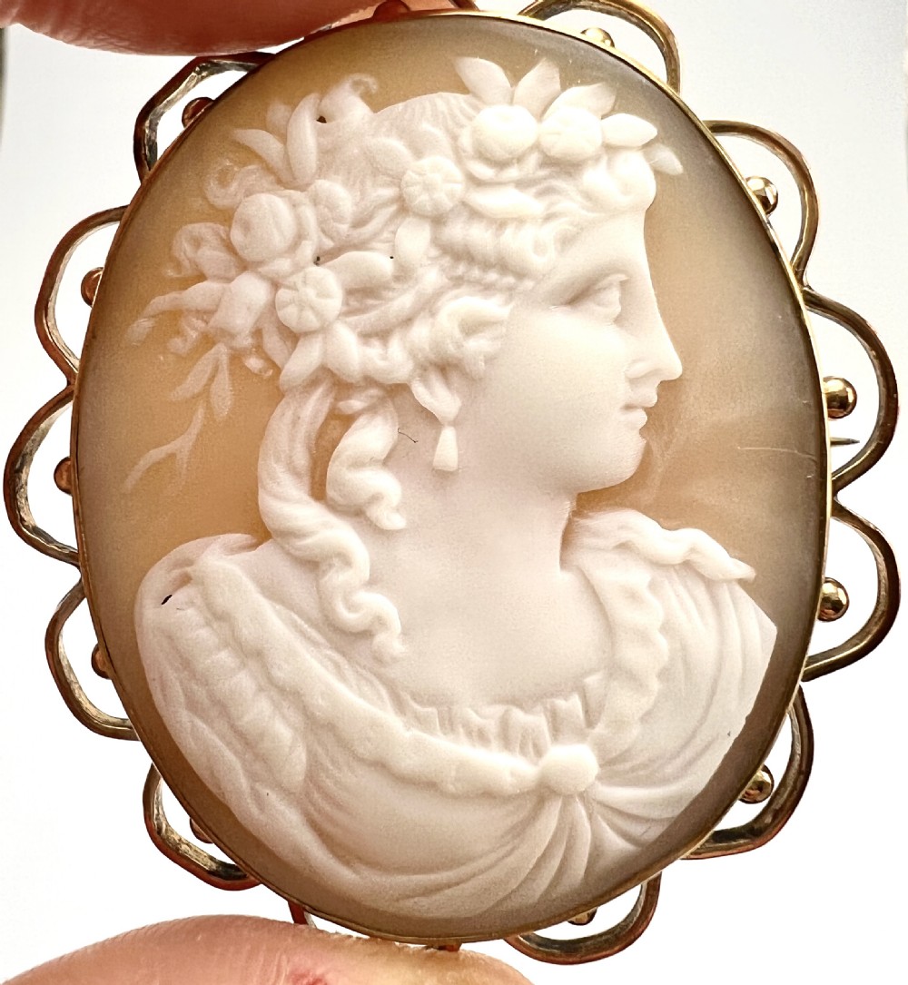 Fine Victorian Carved Shell Portrait of a Lady Cameo Brooch View X
