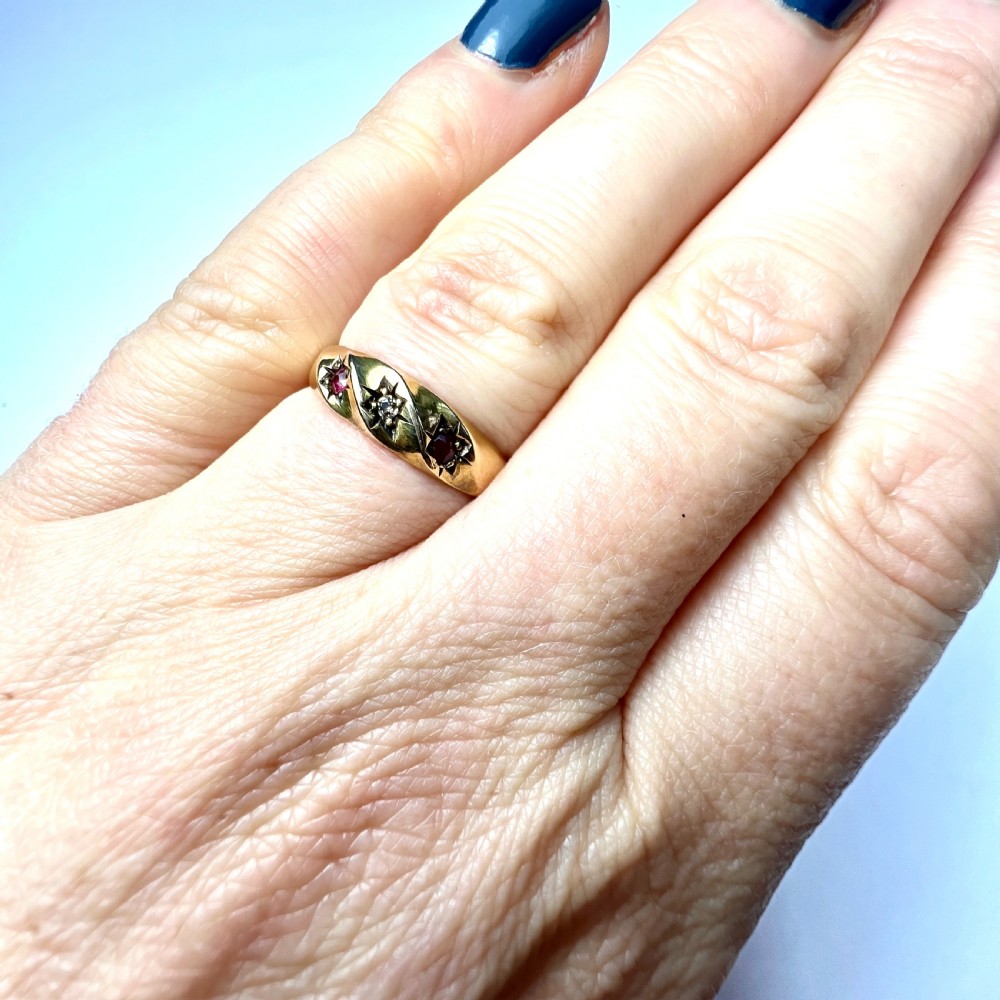 Victorian Star-set Diamond and Ruby 18CT Gold Twist Ring  View X