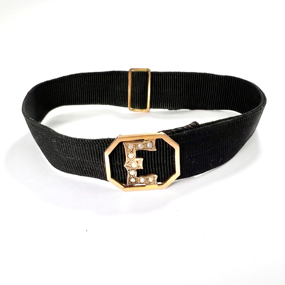 RESERVED for DG • Victorian 9CT Rose Gold and Seed Pearl Initial Letter E Ribbon Bracelet