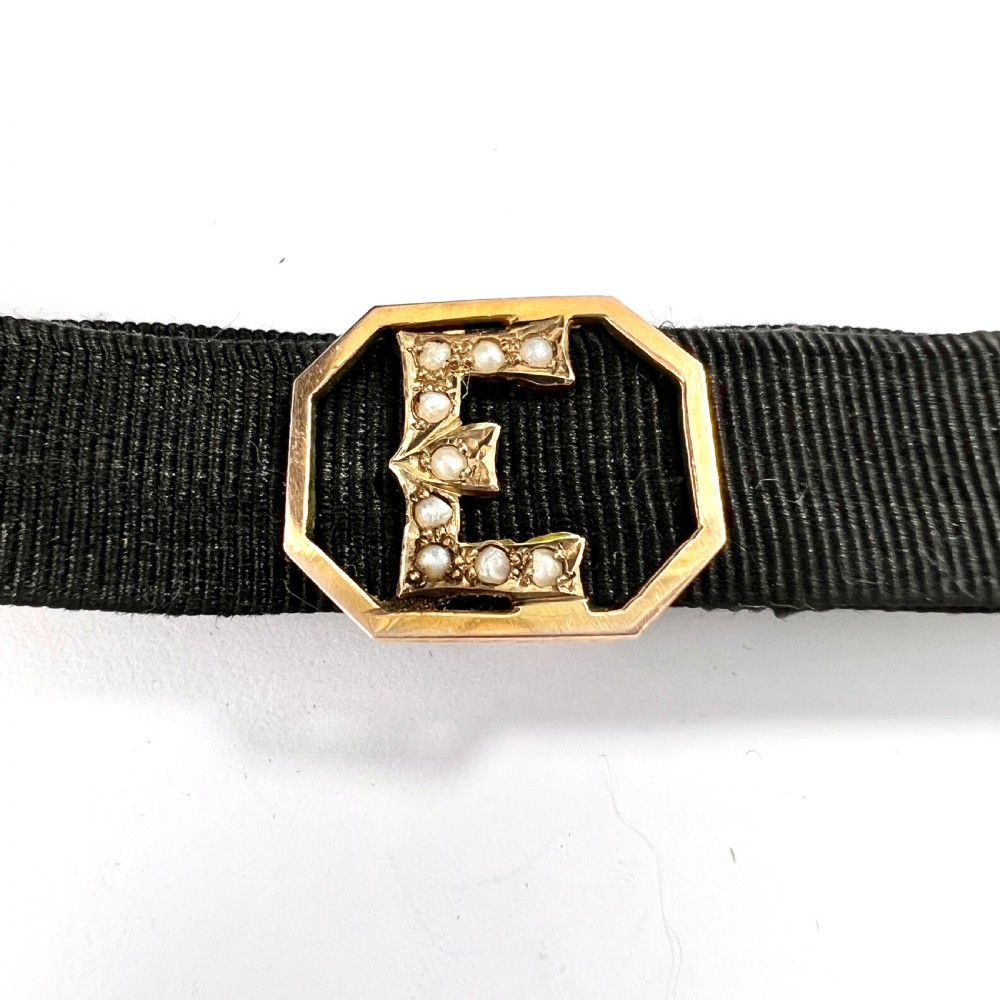 RESERVED for DG • Victorian 9CT Rose Gold and Seed Pearl Initial Letter E Ribbon Bracelet View II