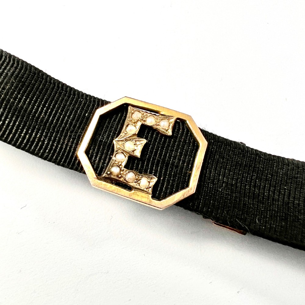 RESERVED for DG • Victorian 9CT Rose Gold and Seed Pearl Initial Letter E Ribbon Bracelet View IV