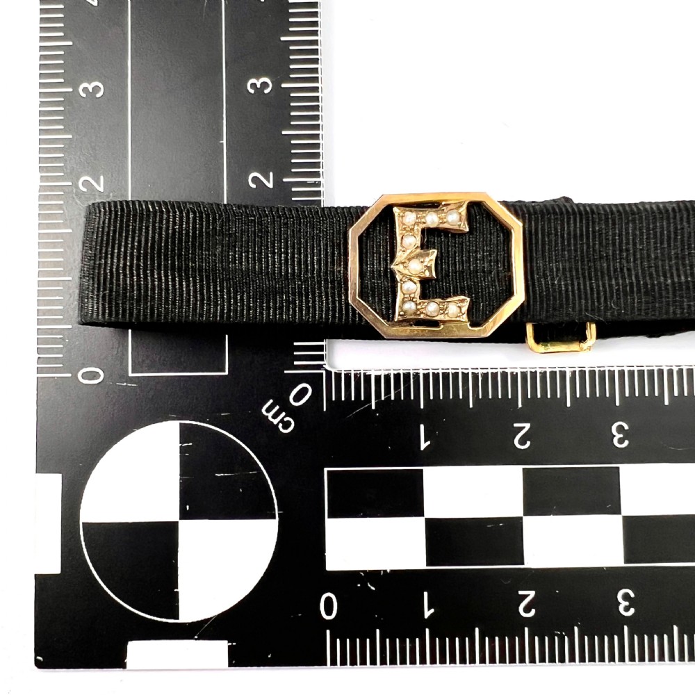 RESERVED for DG • Victorian 9CT Rose Gold and Seed Pearl Initial Letter E Ribbon Bracelet View V