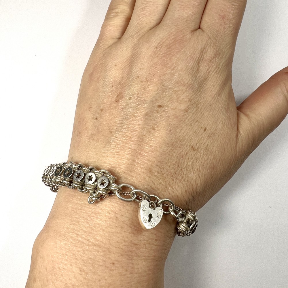 Victorian Star Link Silver Book Chain Bracelet with Padlock View IX