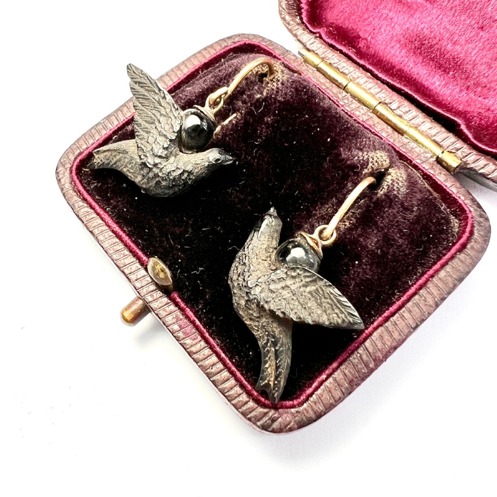 Victorian Carved Whitby Jet 9CT Gold Bird Earrings View II