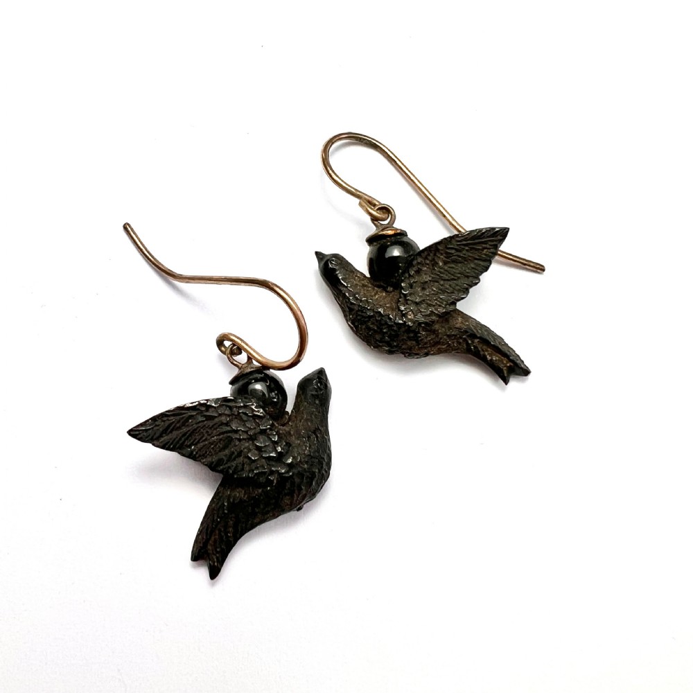 Victorian Carved Whitby Jet 9CT Gold Bird Earrings View IV