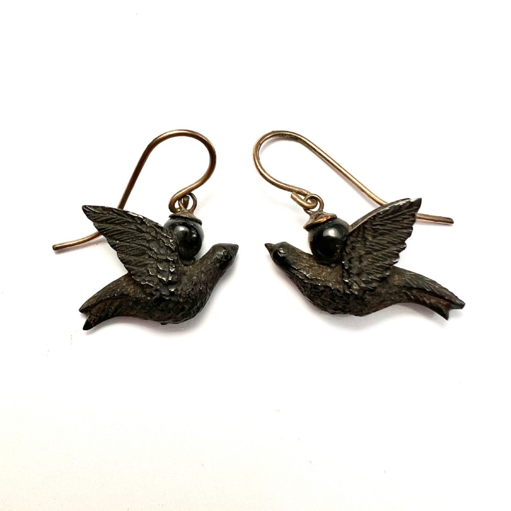 Victorian Carved Whitby Jet 9CT Gold Bird Earrings View V