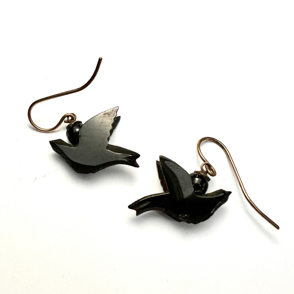 Victorian Carved Whitby Jet 9CT Gold Bird Earrings View VI