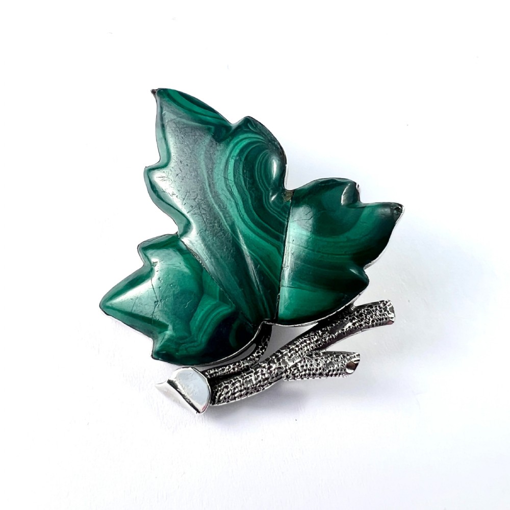 Victorian Malachite Sterling Silver Leaf Brooch View II