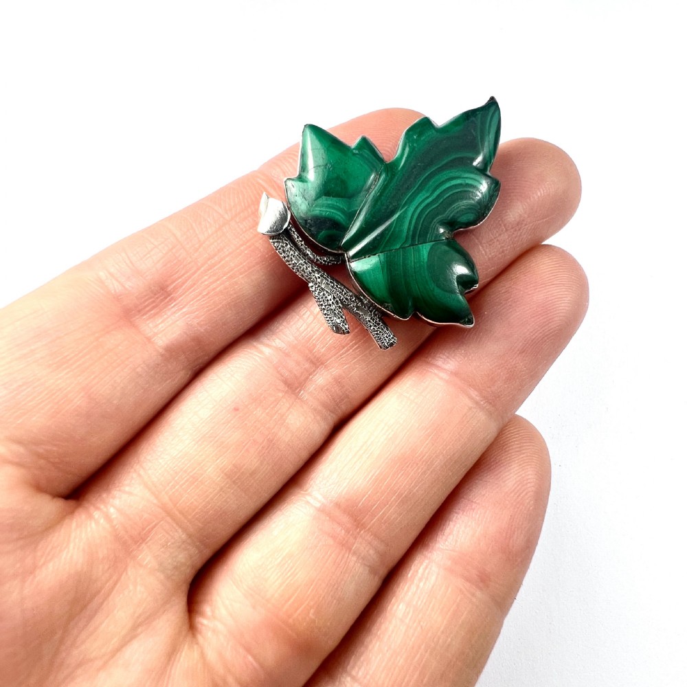 Victorian Malachite Sterling Silver Leaf Brooch View IV