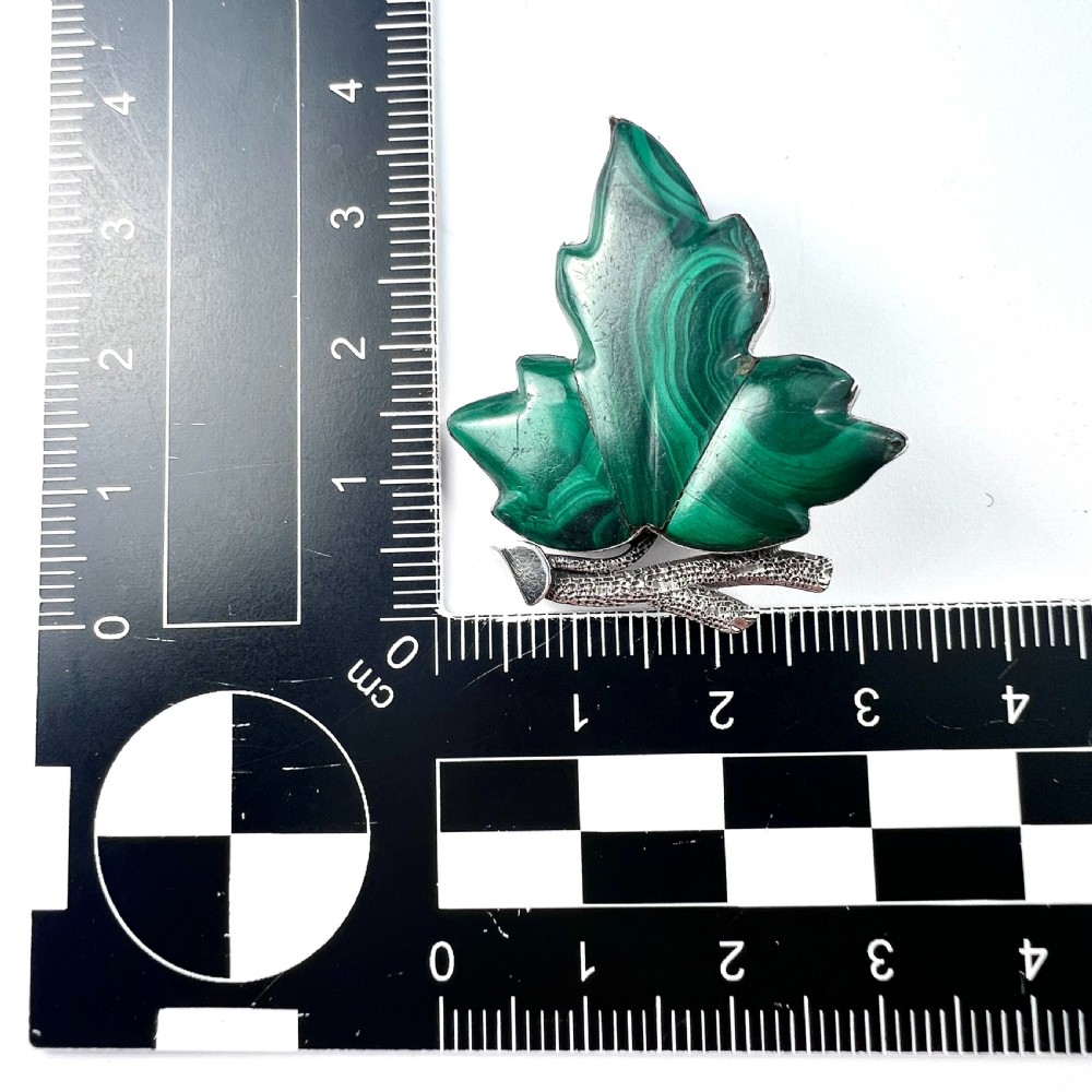 Victorian Malachite Sterling Silver Leaf Brooch View V