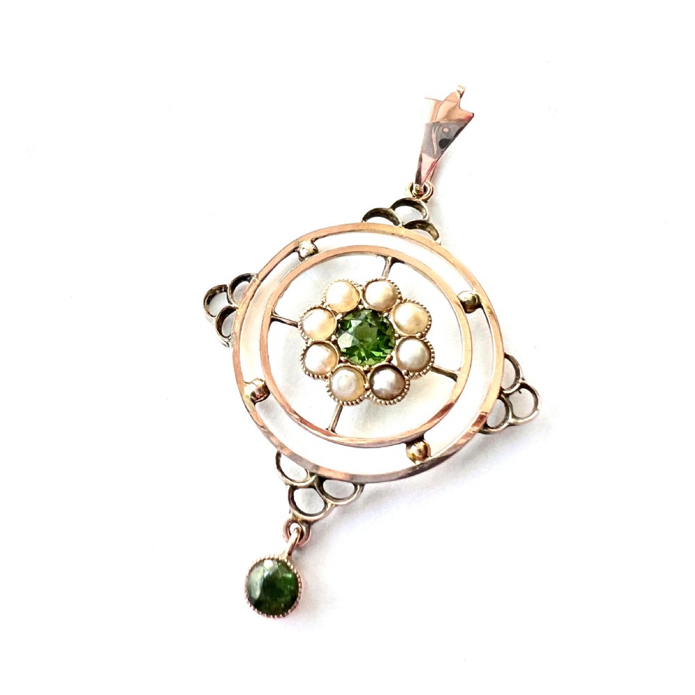 Edwardian 9CT Gold Paste Peridot and Seed Pearl Pendant View II