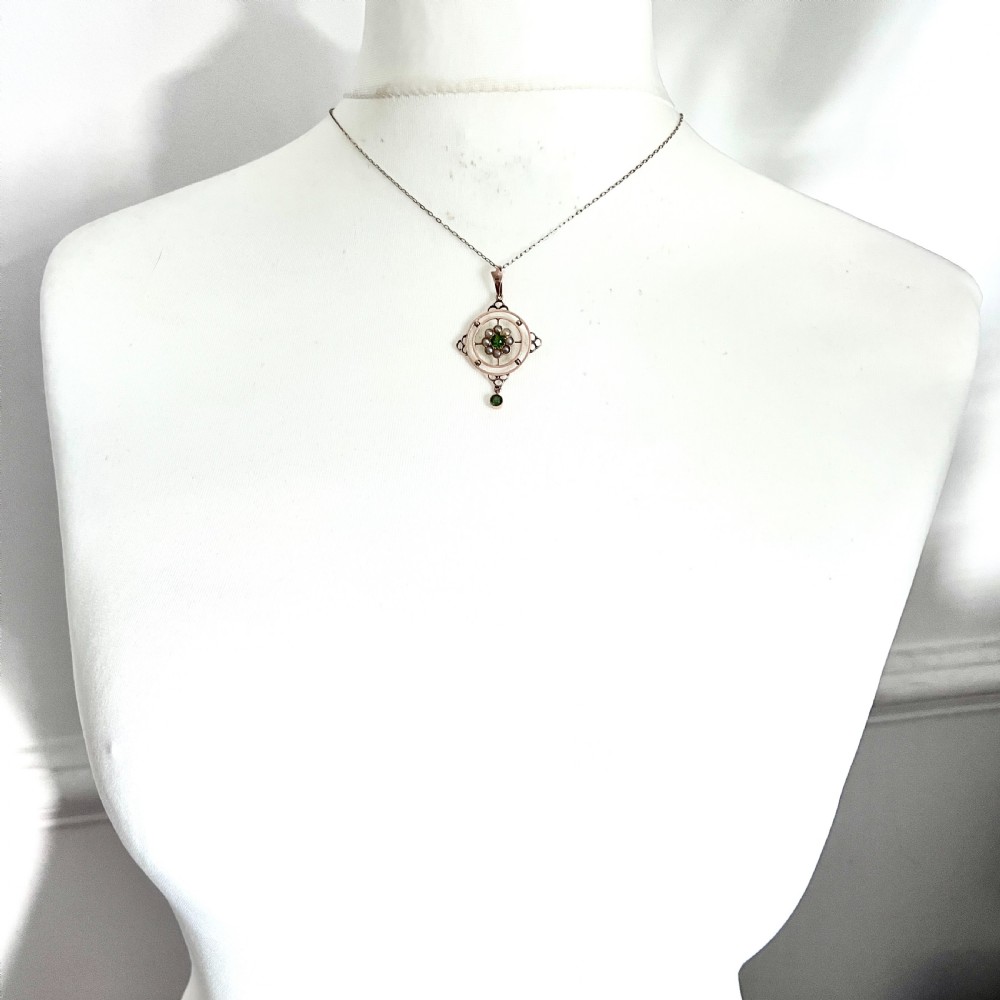 Edwardian 9CT Gold Paste Peridot and Seed Pearl Pendant View III