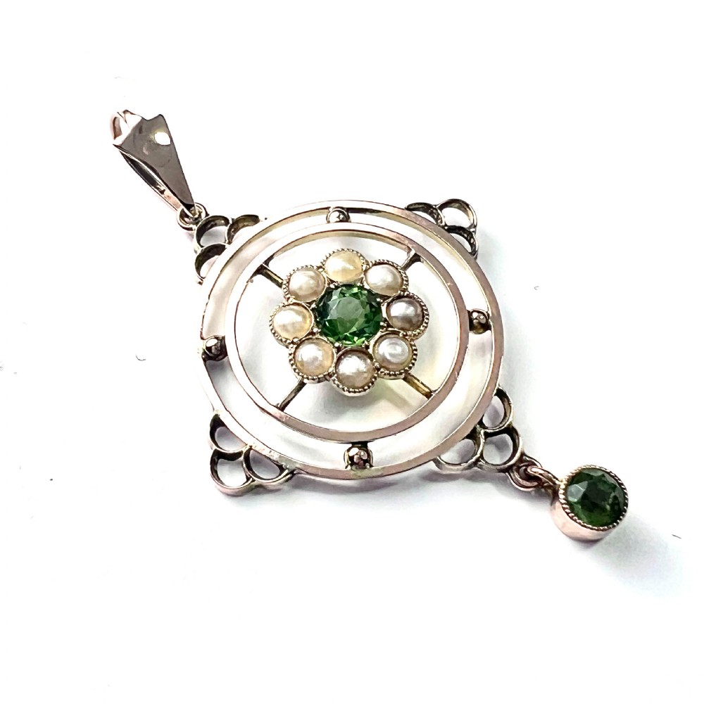 Edwardian 9CT Gold Paste Peridot and Seed Pearl Pendant View V