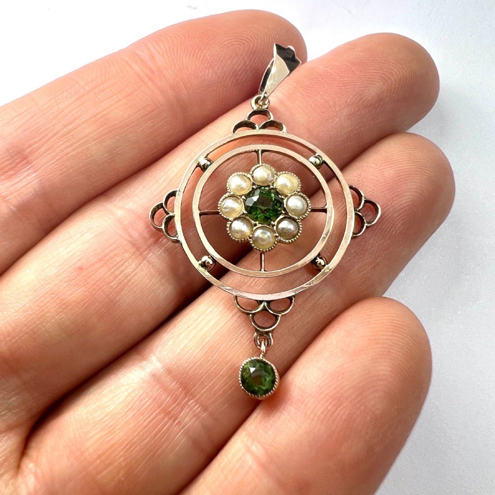 Edwardian 9CT Gold Paste Peridot and Seed Pearl Pendant View VII