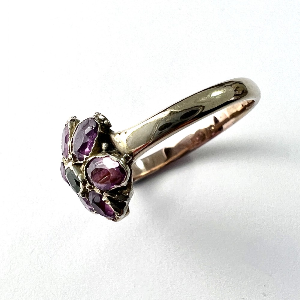 Georgian 9CT Gold Garnet Flower Ring View VI