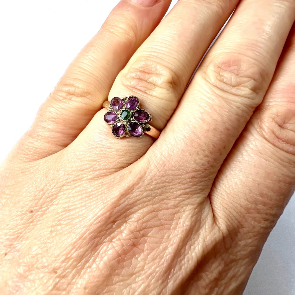 Georgian 9CT Gold Garnet Flower Ring View VII