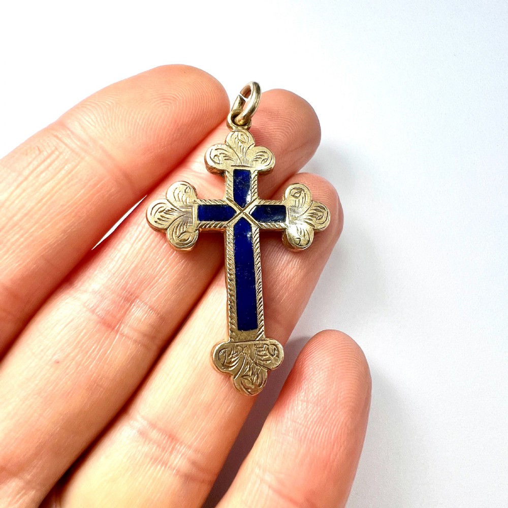 Large Victorian Reversible Blue Enamel Cross Pendant View II