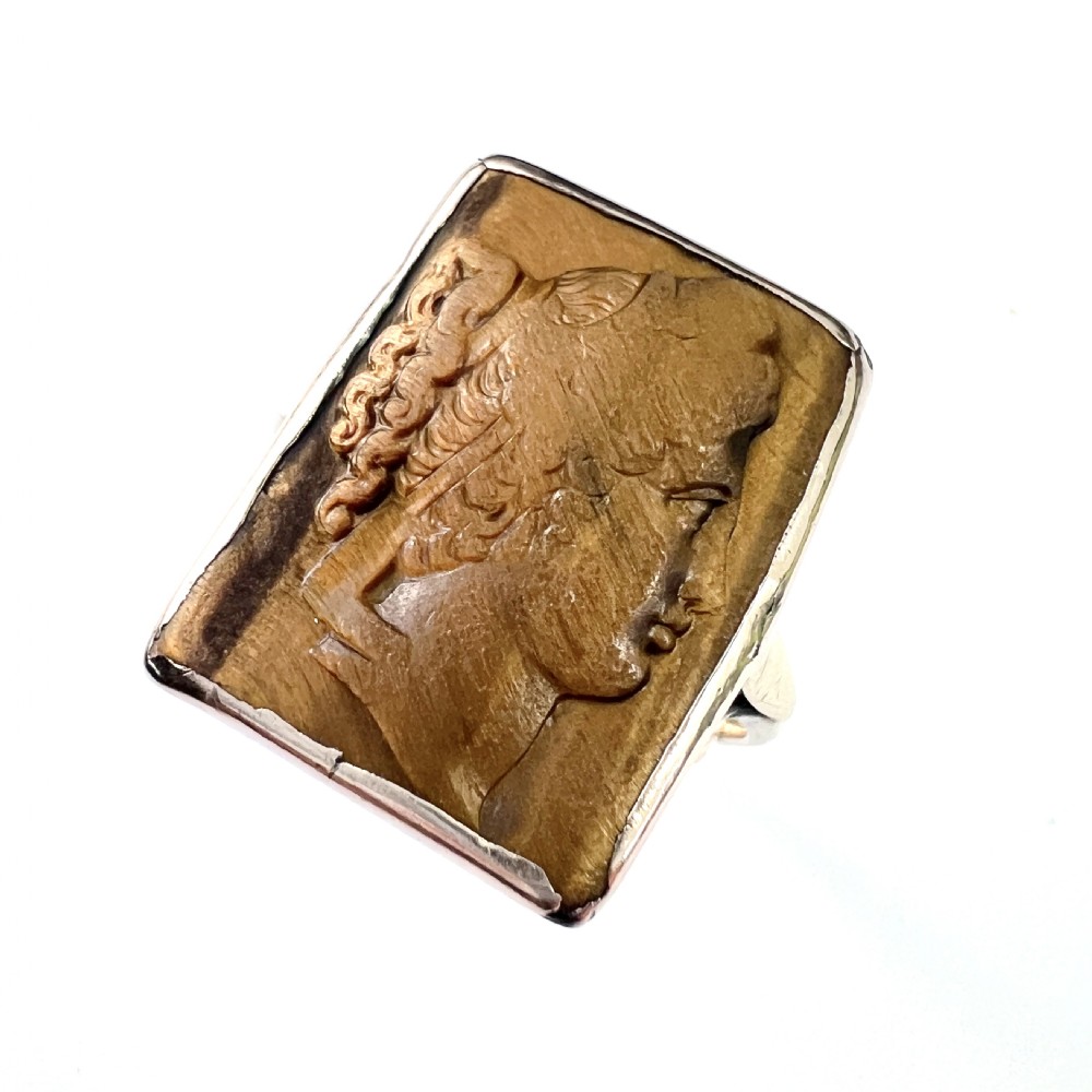 Large Antique 9CT Gold Tiger's Eye Cameo Tablet Ring  View VII