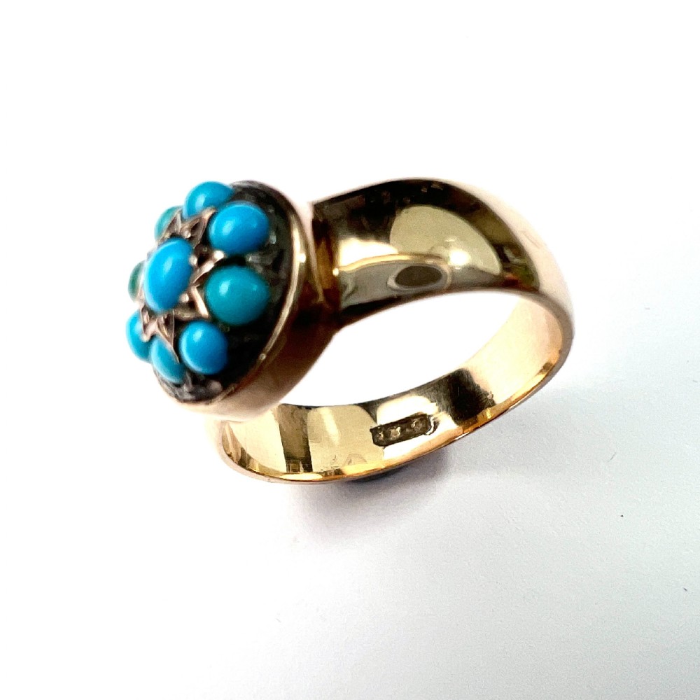 A Victorian 18ct yellow gold ring featuring a central round panel set with turquoise cabochons forming an eight-pointed star motif. View III