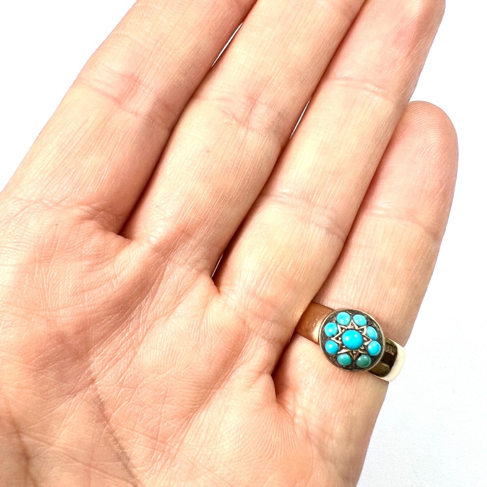 A Victorian 18ct yellow gold ring featuring a central round panel set with turquoise cabochons forming an eight-pointed star motif. View VIII