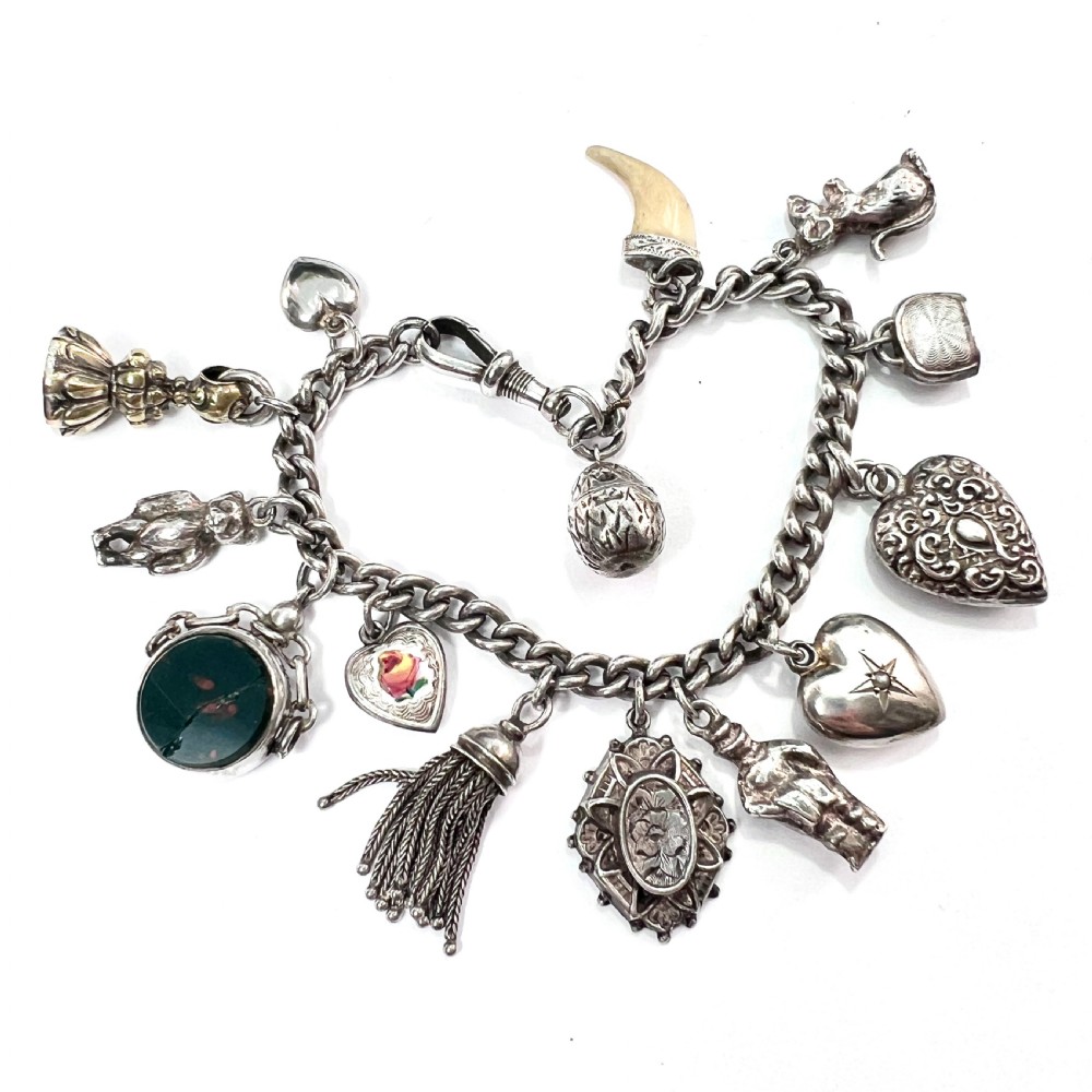 Victorian Silver Charm Bracelet with Tassel, Fobs, Egg, Hearts