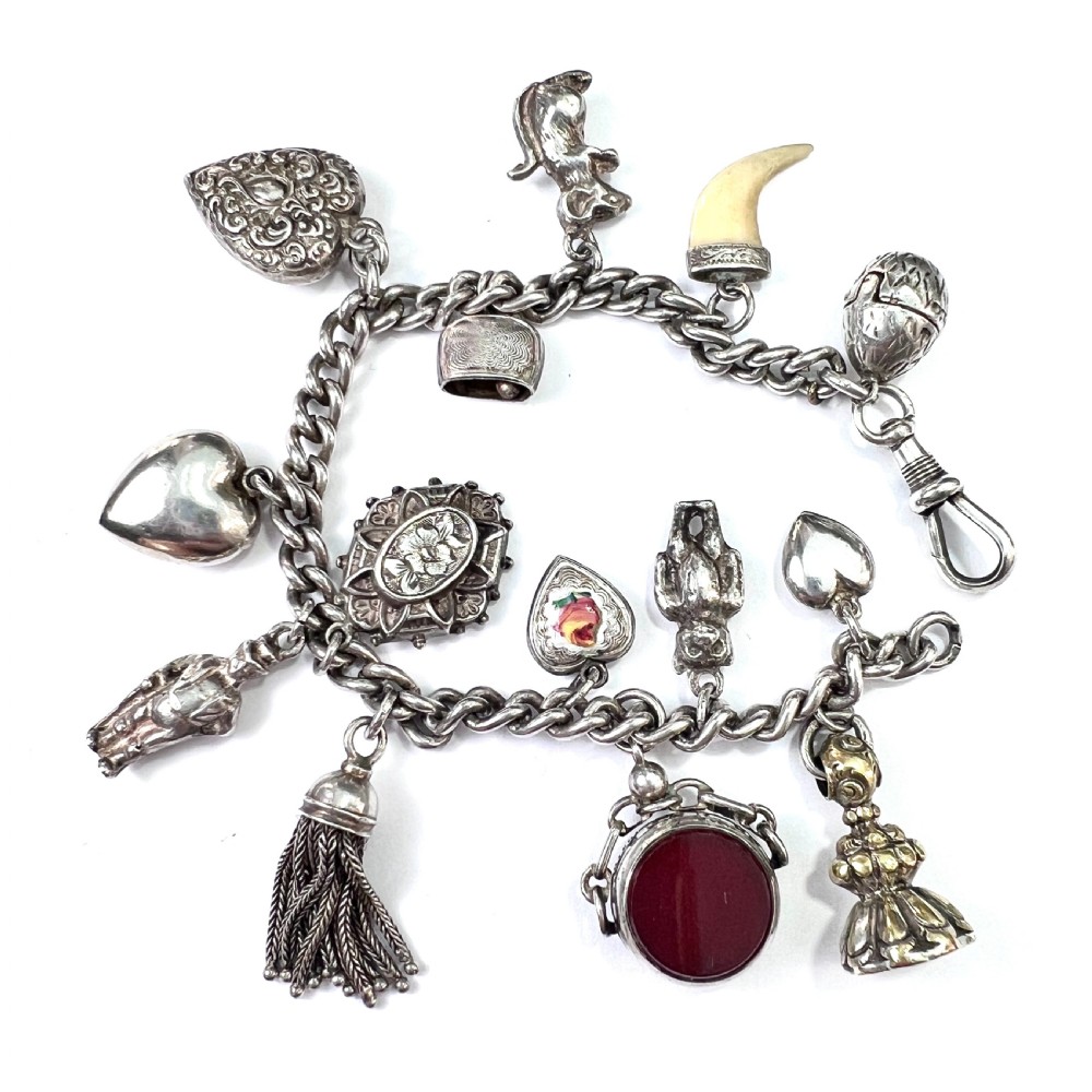 Victorian Silver Charm Bracelet with Tassel, Fobs, Egg, Hearts View II