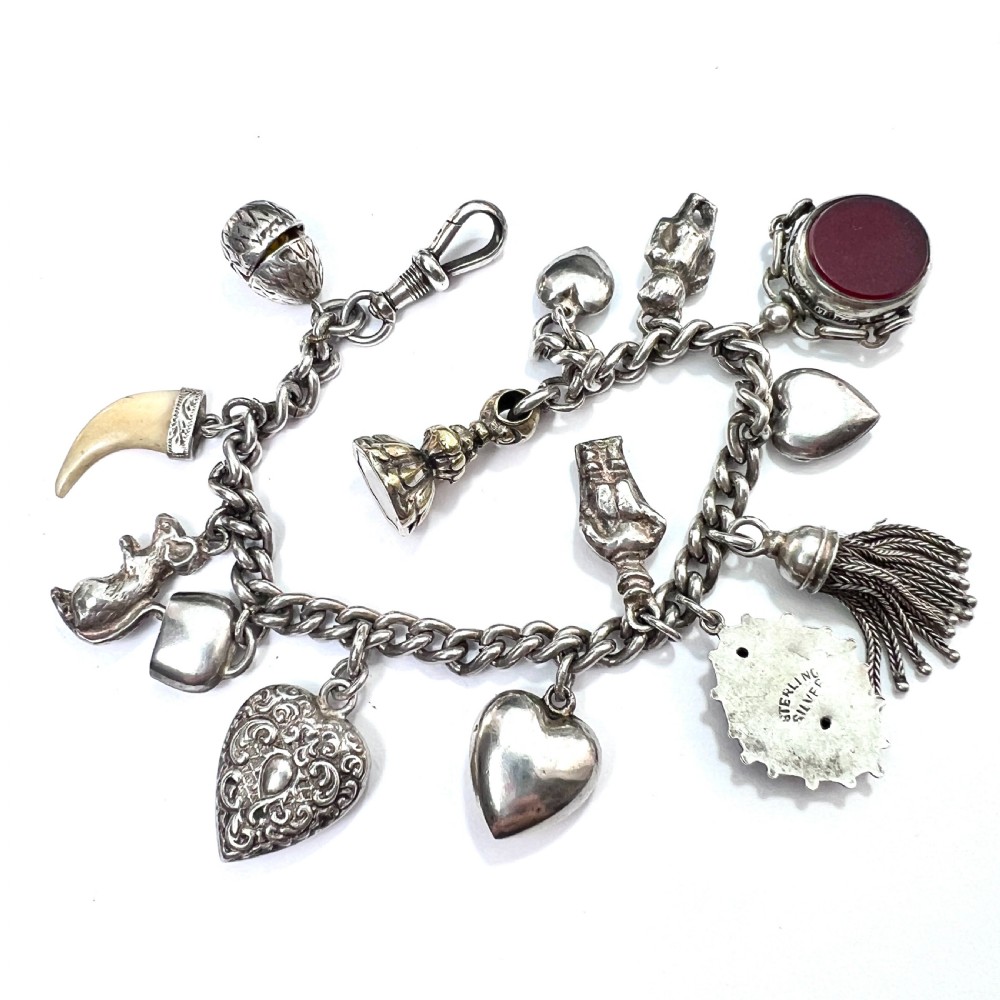 Victorian Silver Charm Bracelet with Tassel, Fobs, Egg, Hearts View III