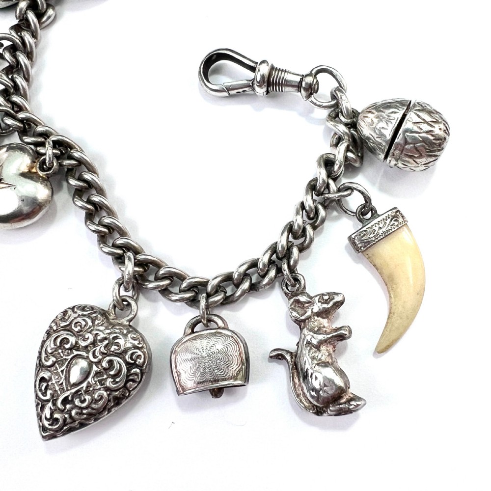 Victorian Silver Charm Bracelet with Tassel, Fobs, Egg, Hearts View IV