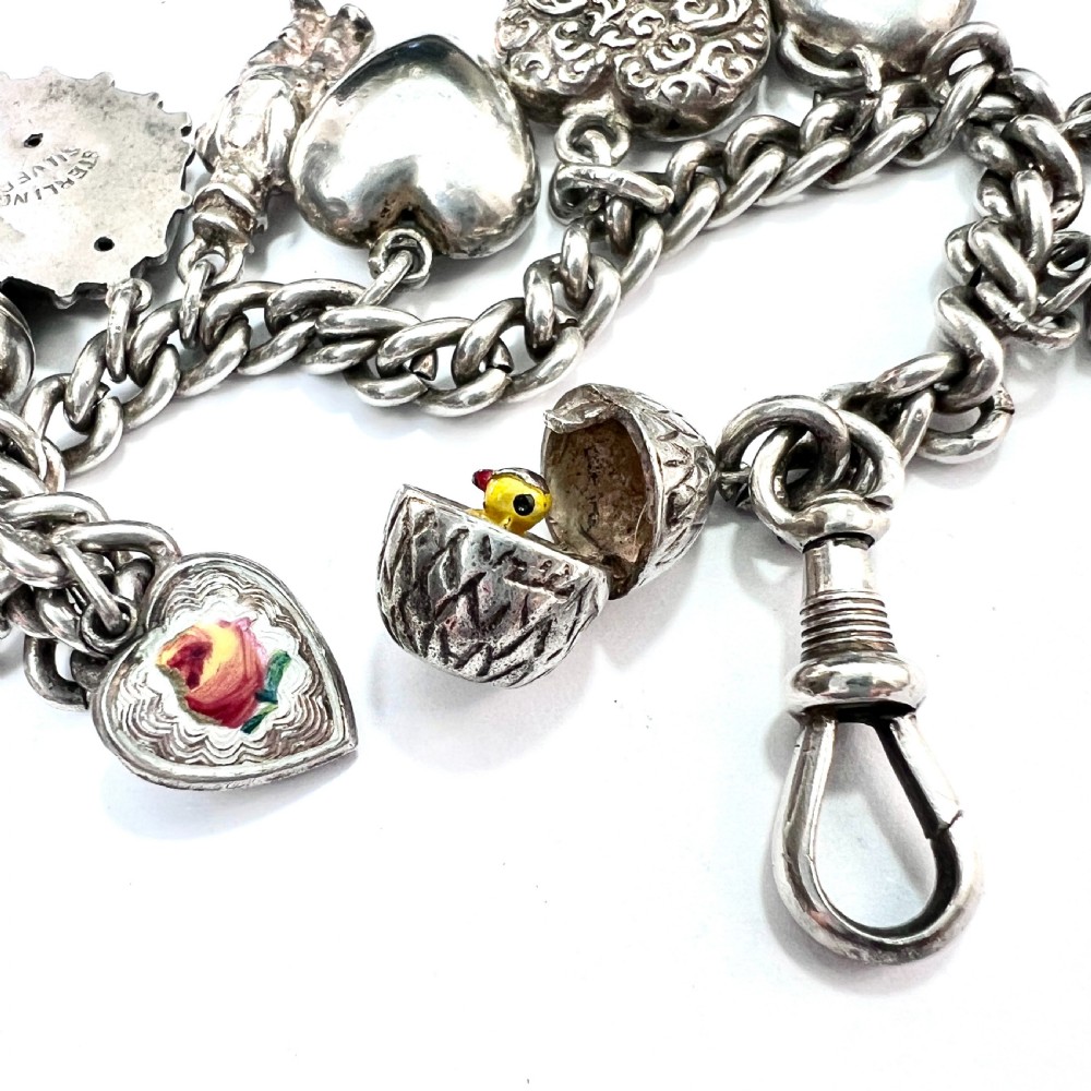 Victorian Silver Charm Bracelet with Tassel, Fobs, Egg, Hearts View VII