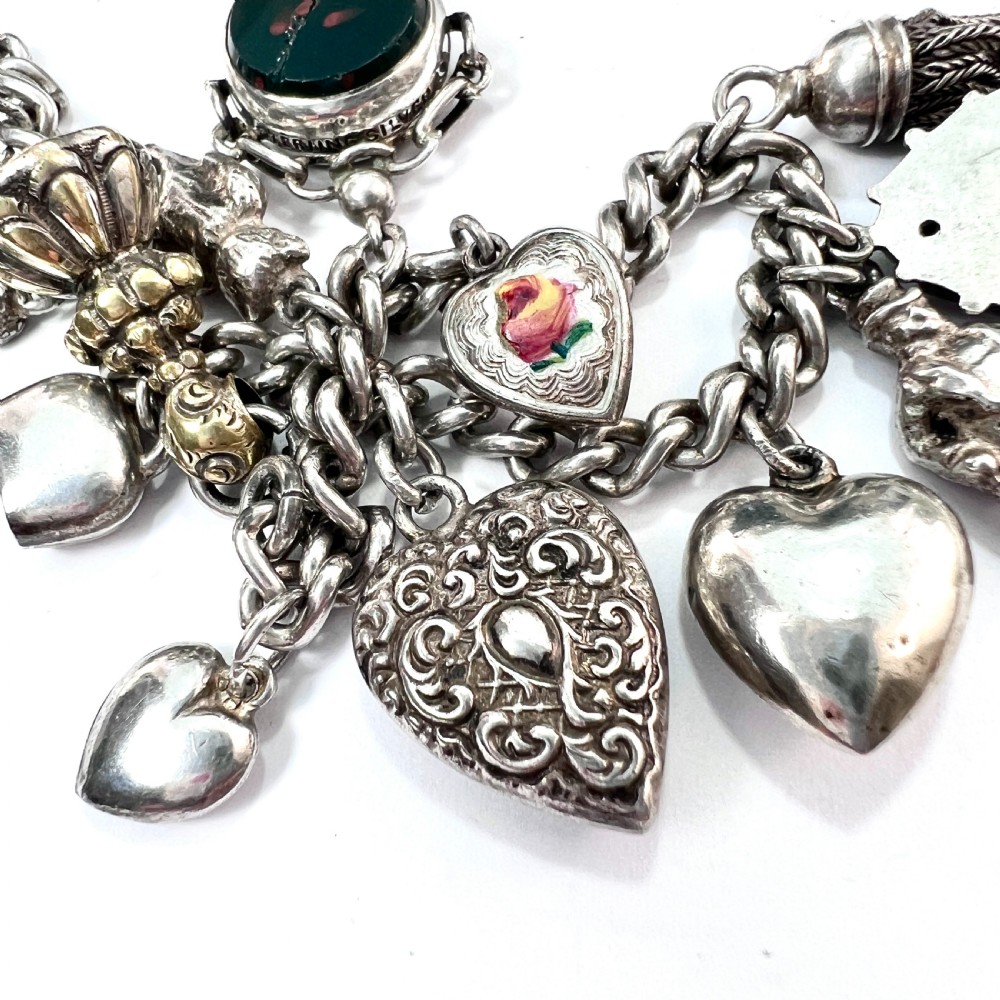 Victorian Silver Charm Bracelet with Tassel, Fobs, Egg, Hearts View VIII