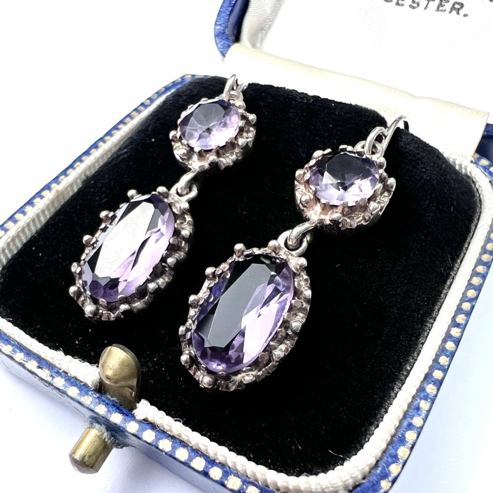 Antique Silver Amethyst Double Drop Earrings
