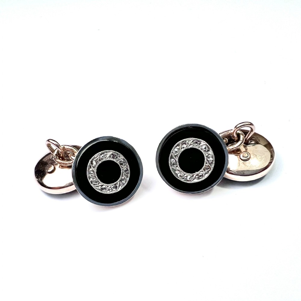 Art Deco Diamond Onyx 9CT Rose Gold Cufflinks View IV