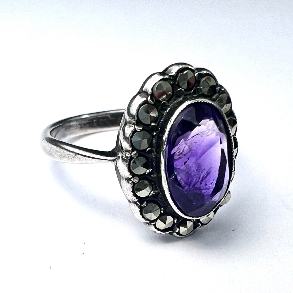 Art Deco Amethyst Marcasite Silver Halo Ring
