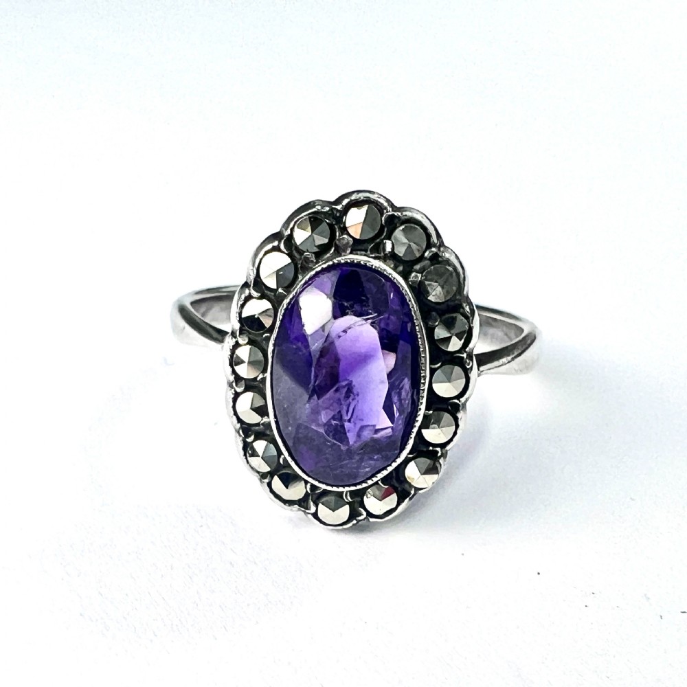 Art Deco Amethyst Marcasite Silver Halo Ring View II