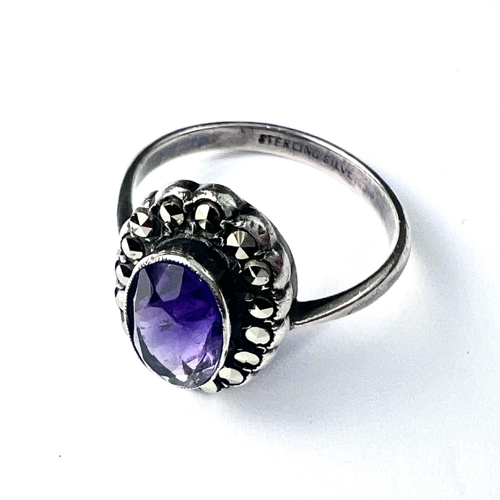 Art Deco Amethyst Marcasite Silver Halo Ring View III
