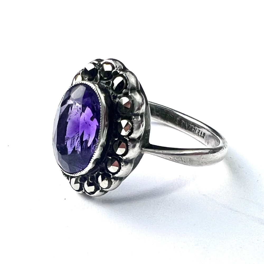 Art Deco Amethyst Marcasite Silver Halo Ring View IV