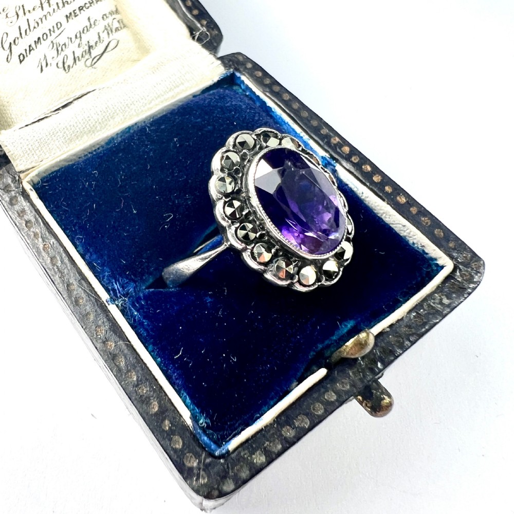 Art Deco Amethyst Marcasite Silver Halo Ring View VI