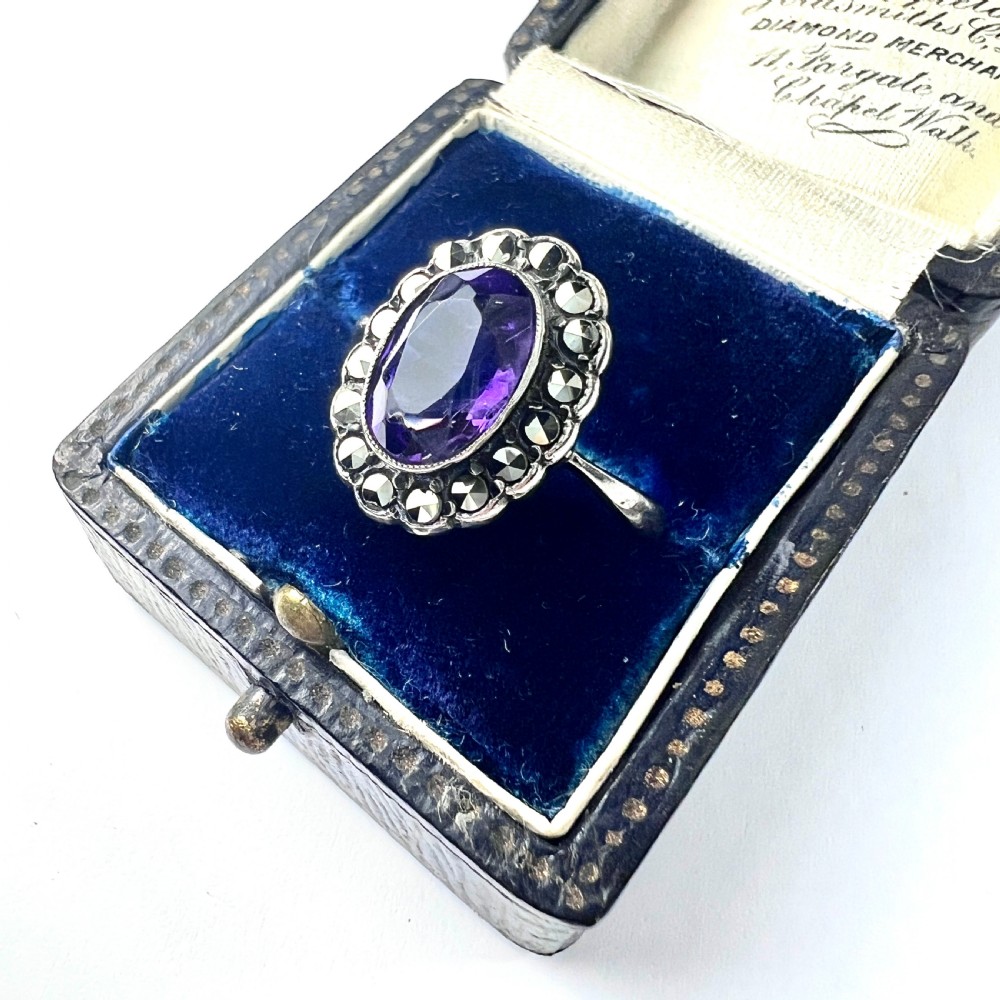 Art Deco Amethyst Marcasite Silver Halo Ring View VII