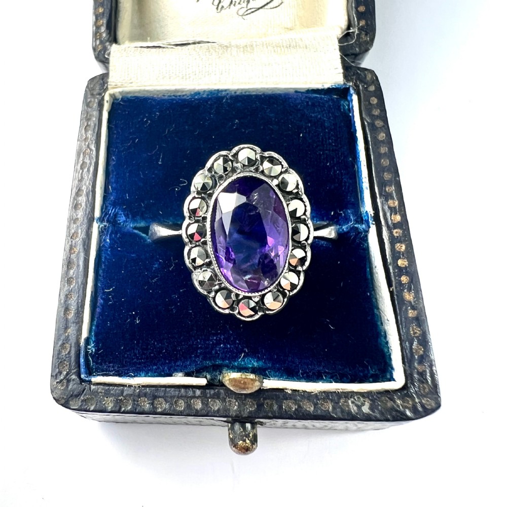 Art Deco Amethyst Marcasite Silver Halo Ring View VIII