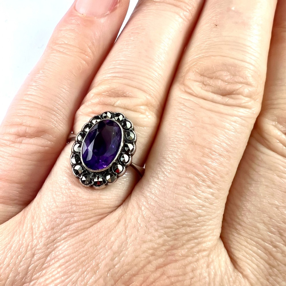 Art Deco Amethyst Marcasite Silver Halo Ring View IX