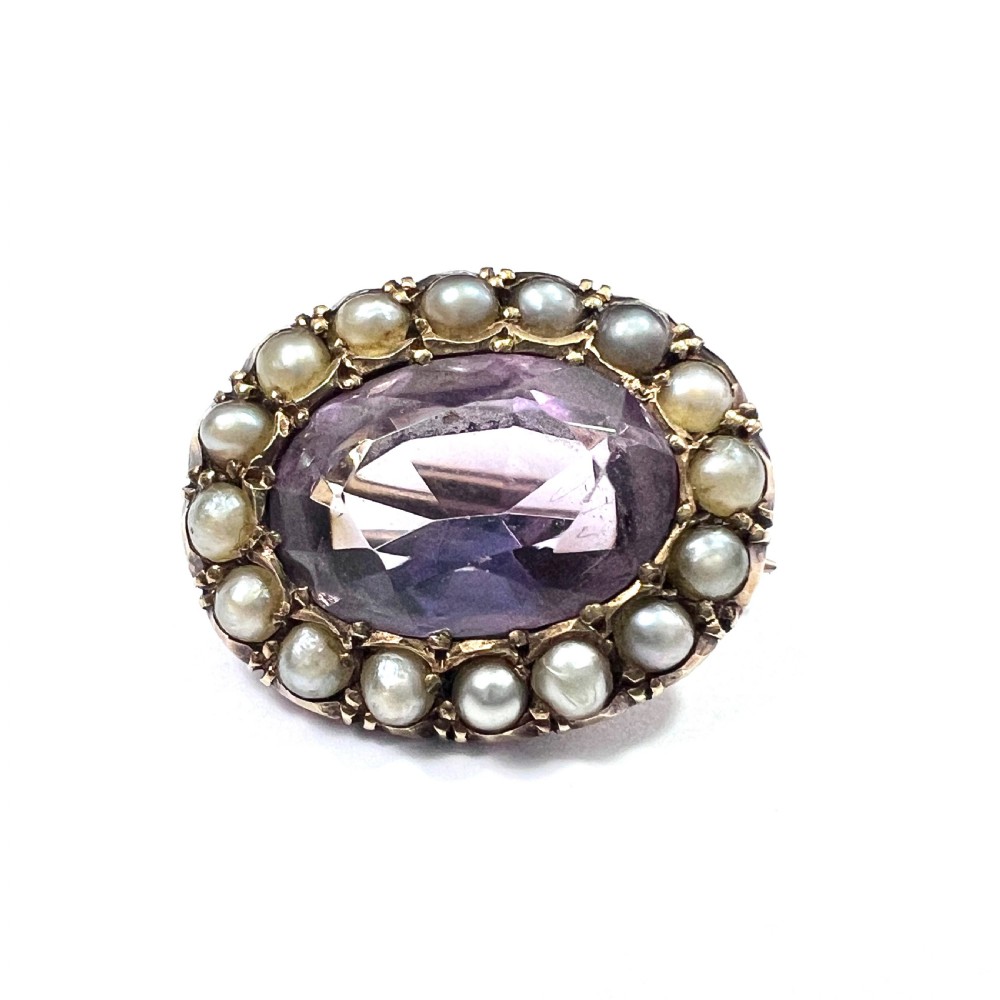 Tiny Antique Amethyst and Pearl 9CT Rose Gold Brooch